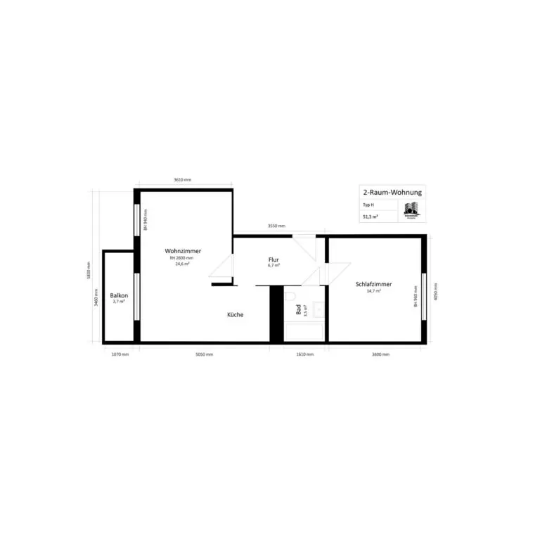 Grundriss der 2-Zimmer-Wohnung im Wohnpark Friedberg, Neuer Friedberg 29, 98527 Suhl