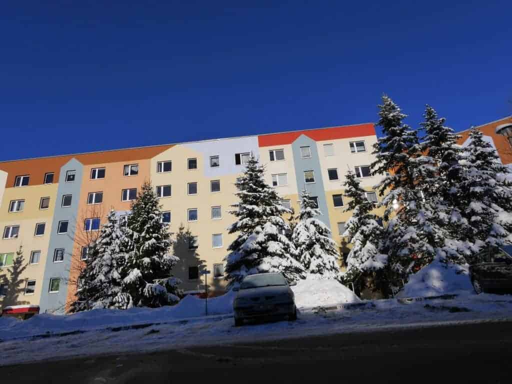 Verschneite Wohnhäuser hinter Tannen im Wohnpark Friedberg in Suhl
